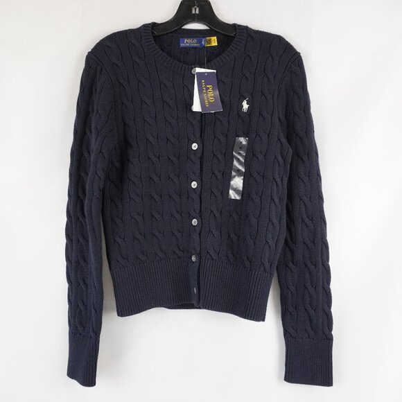 Polo Ralph Lauren Cable-Knit Crewneck Cardigan Sweater in Navy - Size Medium NWT - Picture 1 of 9